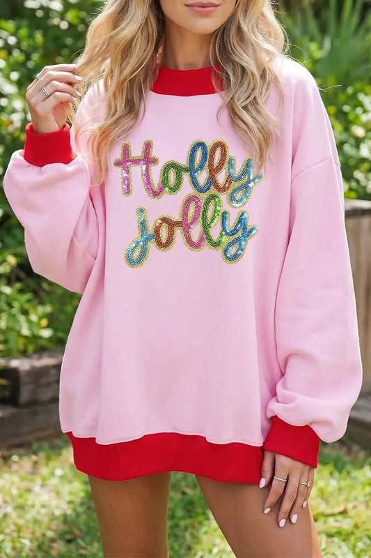 Holly Jolly Sequin Mock Neck Color Block Sweatshirt - Bitsy Gypsy Boutique