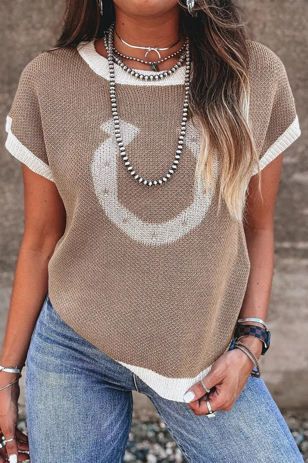 Horseshoe Pattern Contrast Trim Short Sleeve Sweater - Bitsy Gypsy Boutique