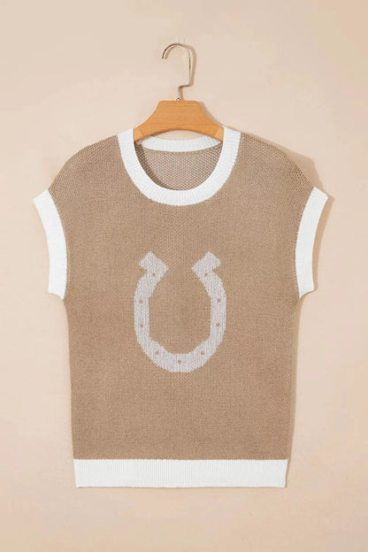 Horseshoe Pattern Contrast Trim Short Sleeve Sweater - Bitsy Gypsy Boutique