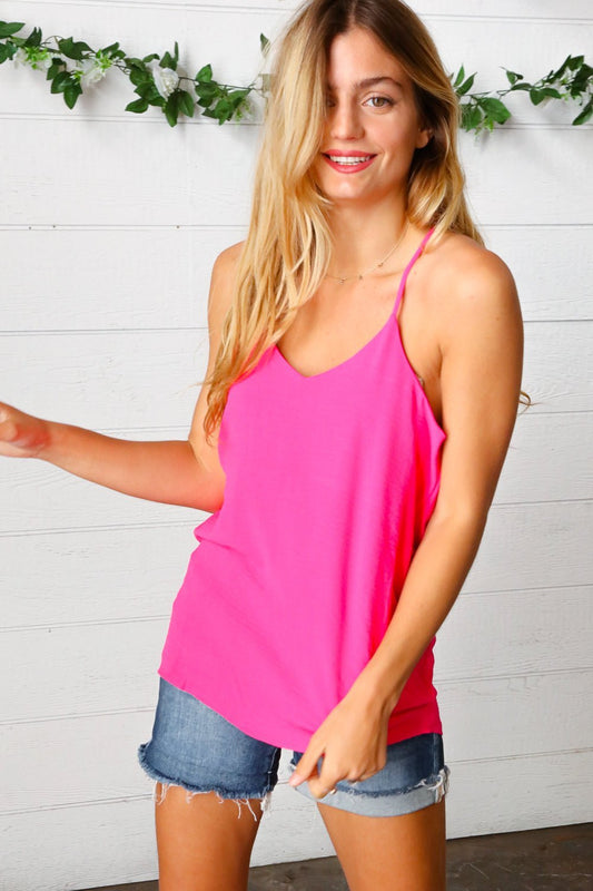 Hot Pink Adjustable Strap V Neck Lined Cami - Bitsy Gypsy Boutique