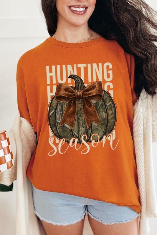 Hunting Pumpkin Bow Graphic Heavy Cotton Tee - Bitsy Gypsy Boutique