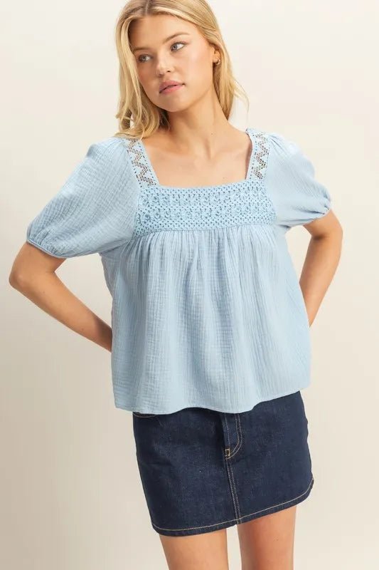 HYFVE Crochet Detail Puff Sleeve Peasant Top - Bitsy Gypsy Boutique