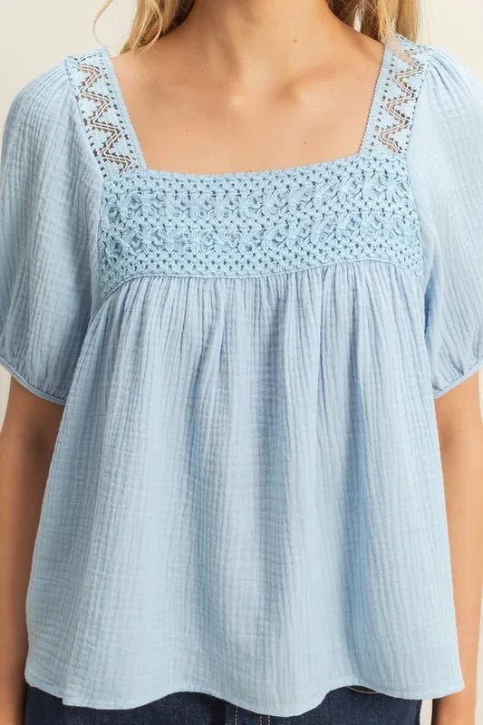 HYFVE Crochet Detail Puff Sleeve Peasant Top - Bitsy Gypsy Boutique