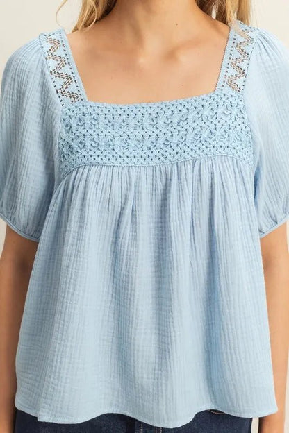 HYFVE Crochet Detail Puff Sleeve Peasant Top - Bitsy Gypsy Boutique