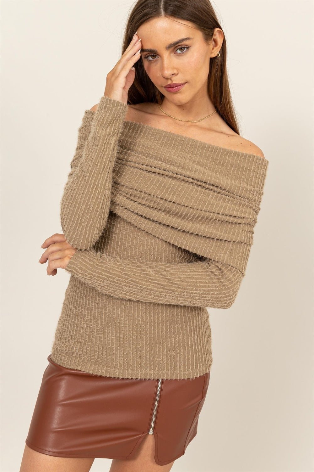 HYFVE Fuzzy Off Shoulder Textured Knit Top - Bitsy Gypsy Boutique