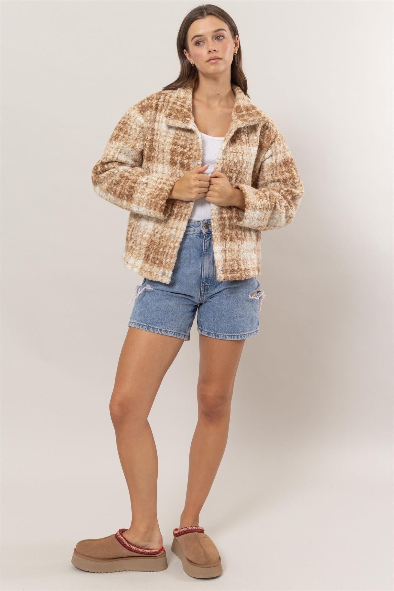 HYFVE Plaid Collared Neck Boucle Jacket with Pockets - Bitsy Gypsy Boutique