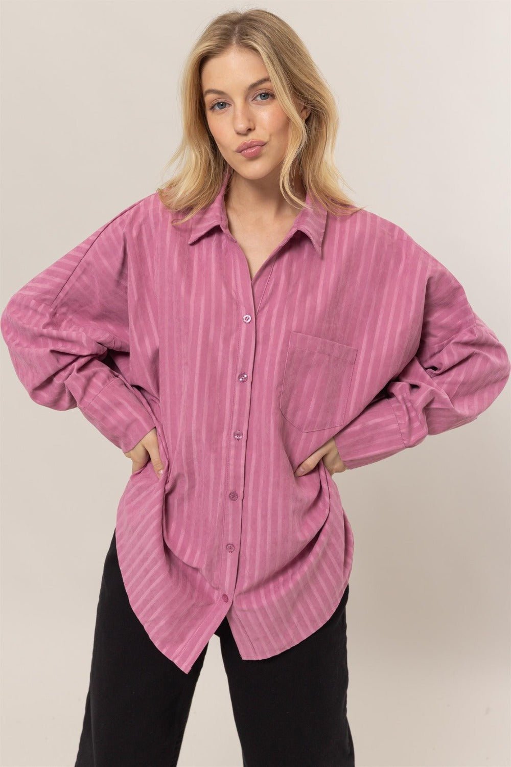 HYFVE Stripe Button Down Long Sleeve Oversized Shirt - Bitsy Gypsy Boutique