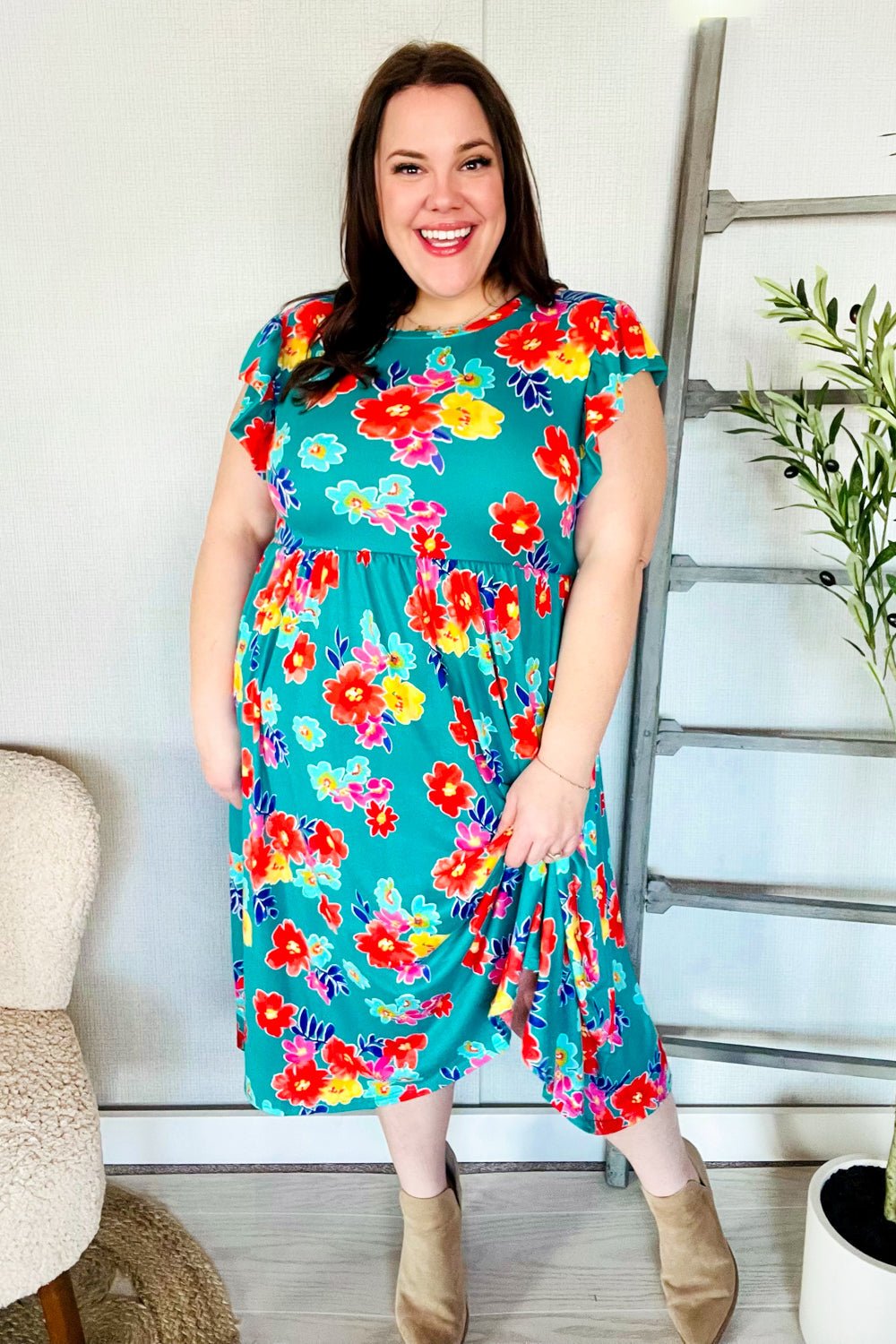 In Your Dreams Emerald Floral Print Folded Flutter Sleeve Midi Dress - Bitsy Gypsy Boutique