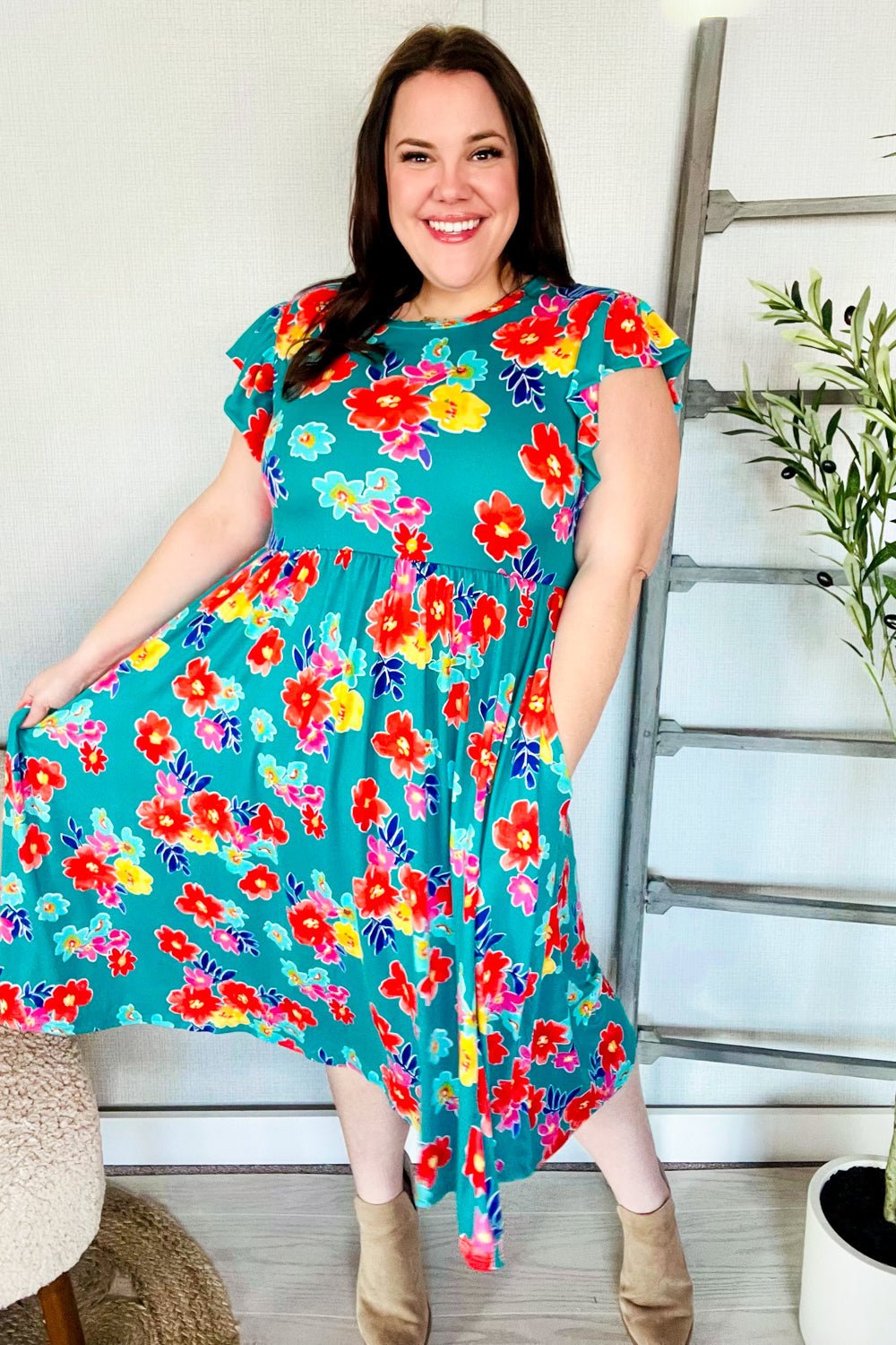 In Your Dreams Emerald Floral Print Folded Flutter Sleeve Midi Dress - Bitsy Gypsy Boutique