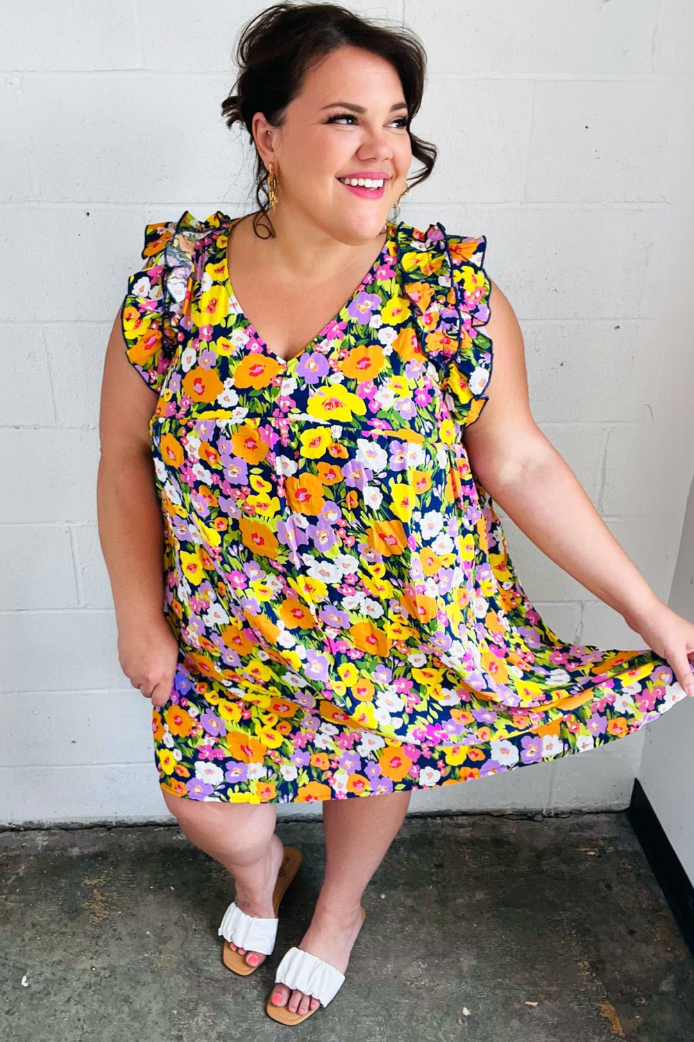 Indigo & Lemon Floral Babydoll Ruffle Dress - Bitsy Gypsy Boutique