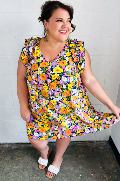 Indigo & Lemon Floral Babydoll Ruffle Dress - Bitsy Gypsy Boutique