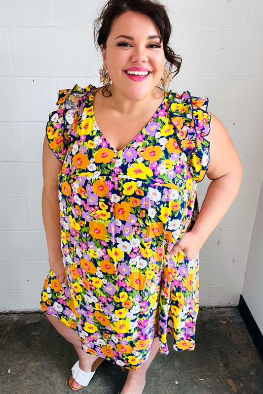 Indigo & Lemon Floral Babydoll Ruffle Dress - Bitsy Gypsy Boutique