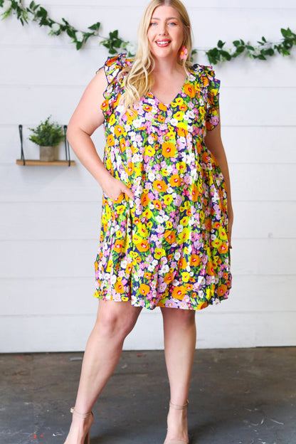 Indigo & Lemon Floral Babydoll Ruffle Dress - Bitsy Gypsy Boutique