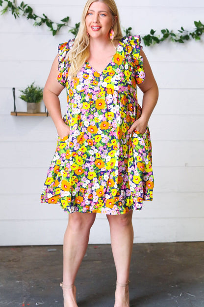 Indigo & Lemon Floral Babydoll Ruffle Dress - Bitsy Gypsy Boutique