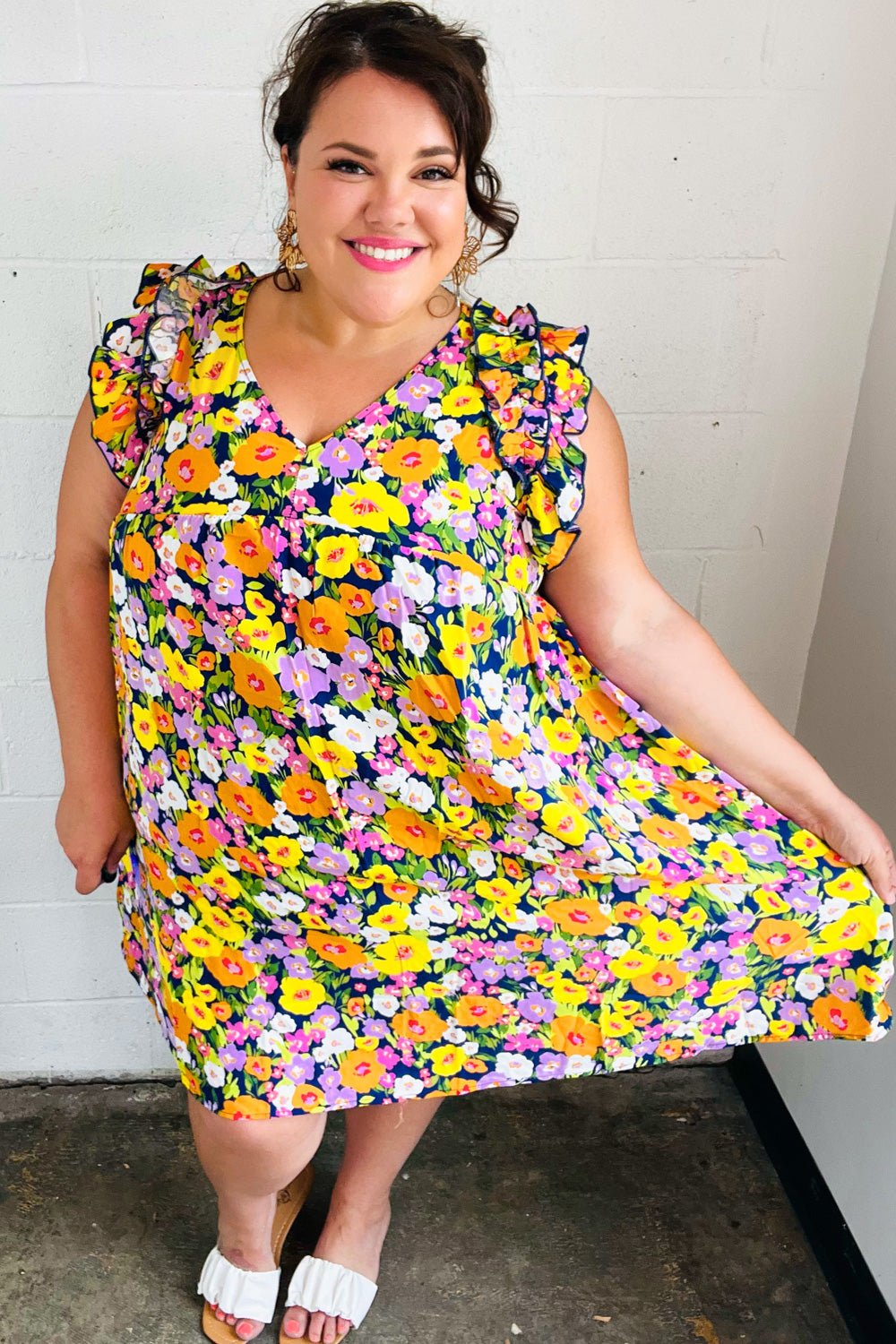 Indigo & Lemon Floral Babydoll Ruffle Dress - Bitsy Gypsy Boutique