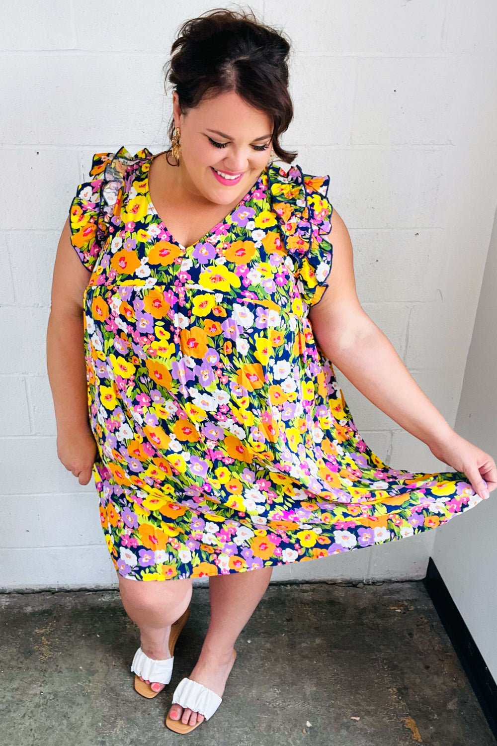 Indigo & Lemon Floral Babydoll Ruffle Dress - Bitsy Gypsy Boutique