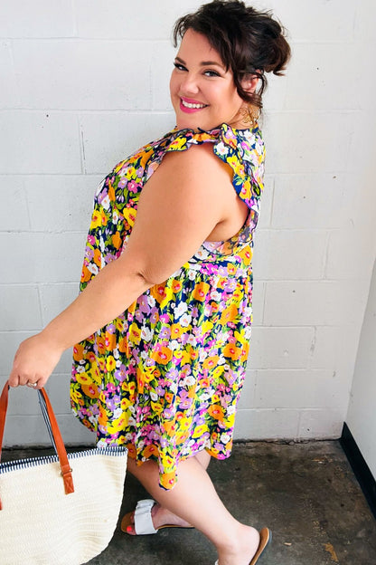 Indigo & Lemon Floral Babydoll Ruffle Dress - Bitsy Gypsy Boutique