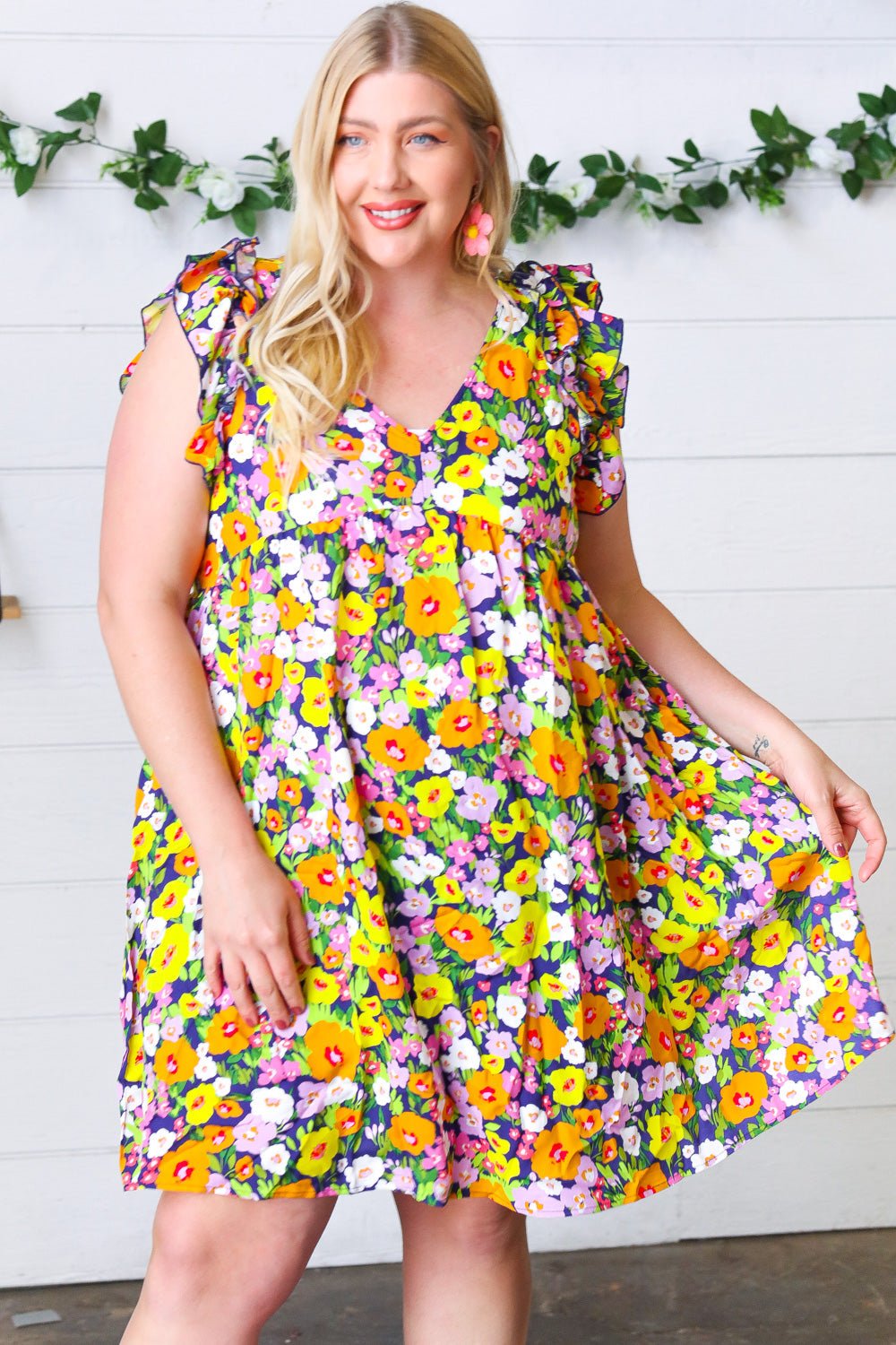 Indigo & Lemon Floral Babydoll Ruffle Dress - Bitsy Gypsy Boutique