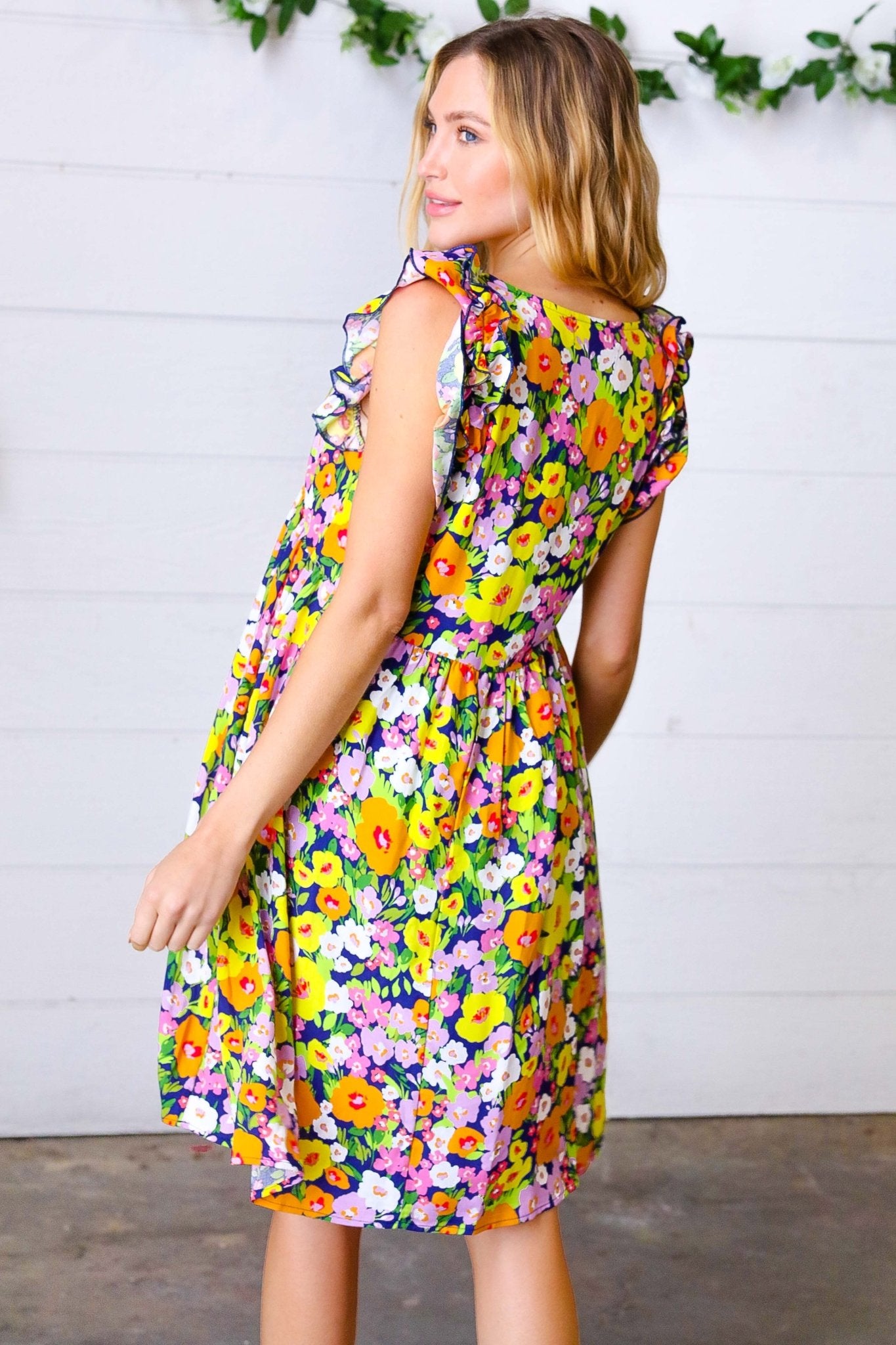 Indigo & Lemon Floral Babydoll Ruffle Dress - Bitsy Gypsy Boutique