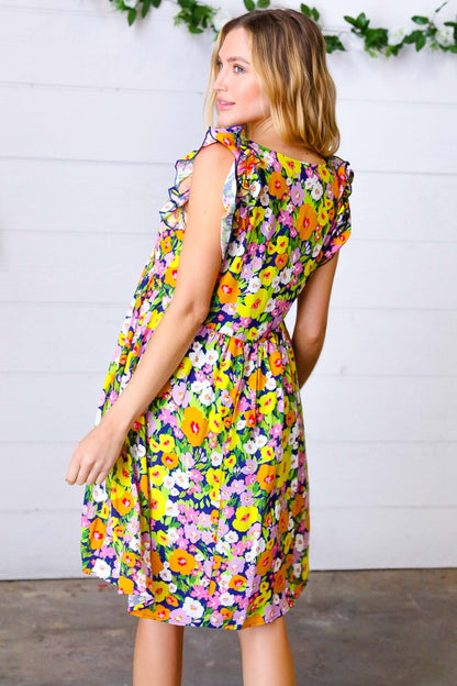 Indigo & Lemon Floral Babydoll Ruffle Dress - Bitsy Gypsy Boutique