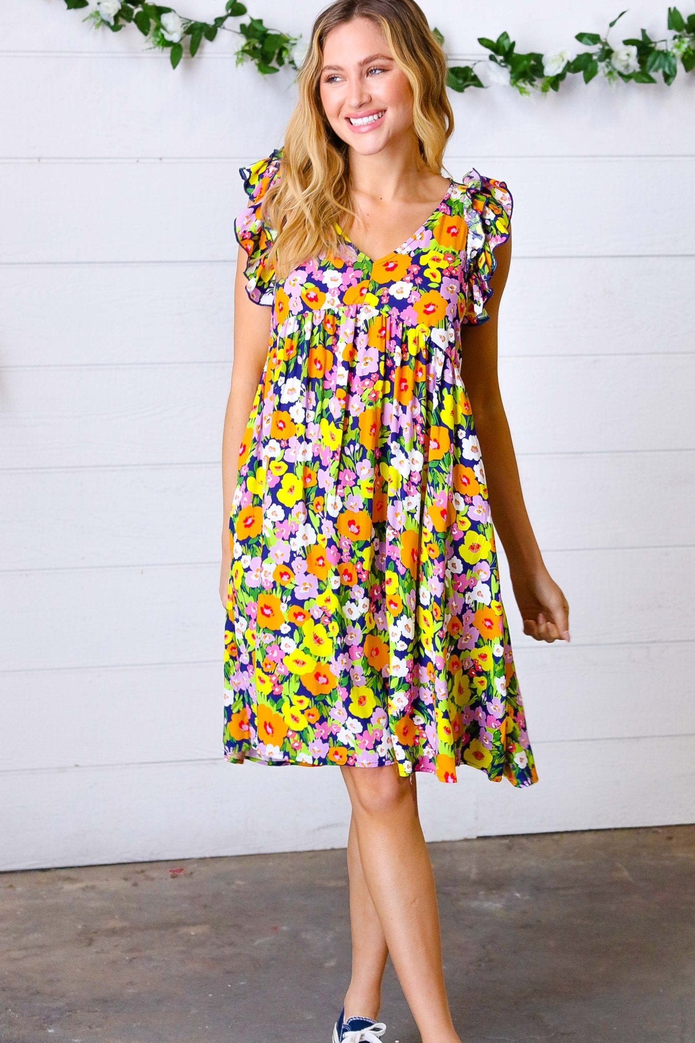 Indigo & Lemon Floral Babydoll Ruffle Dress - Bitsy Gypsy Boutique
