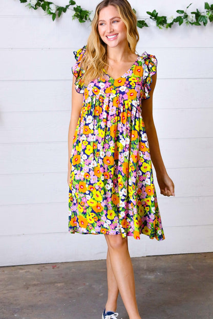 Indigo & Lemon Floral Babydoll Ruffle Dress - Bitsy Gypsy Boutique