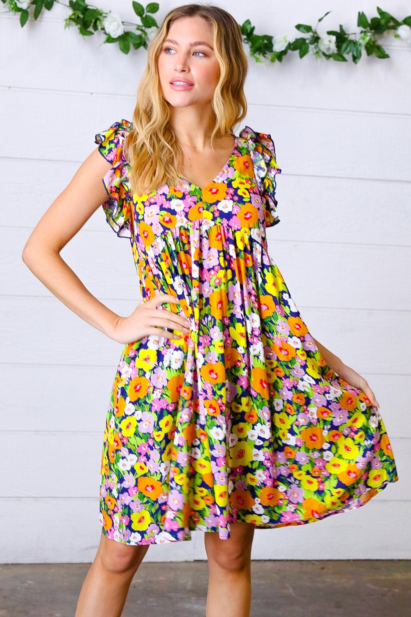 Indigo & Lemon Floral Babydoll Ruffle Dress - Bitsy Gypsy Boutique