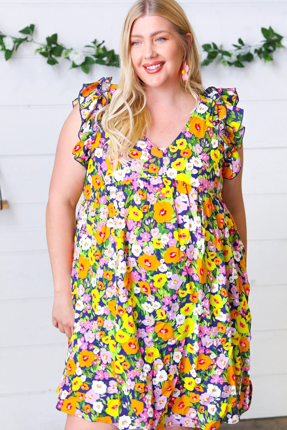 Indigo & Lemon Floral Babydoll Ruffle Dress - Bitsy Gypsy Boutique