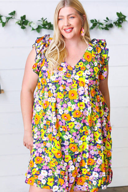 Indigo & Lemon Floral Babydoll Ruffle Dress - Bitsy Gypsy Boutique