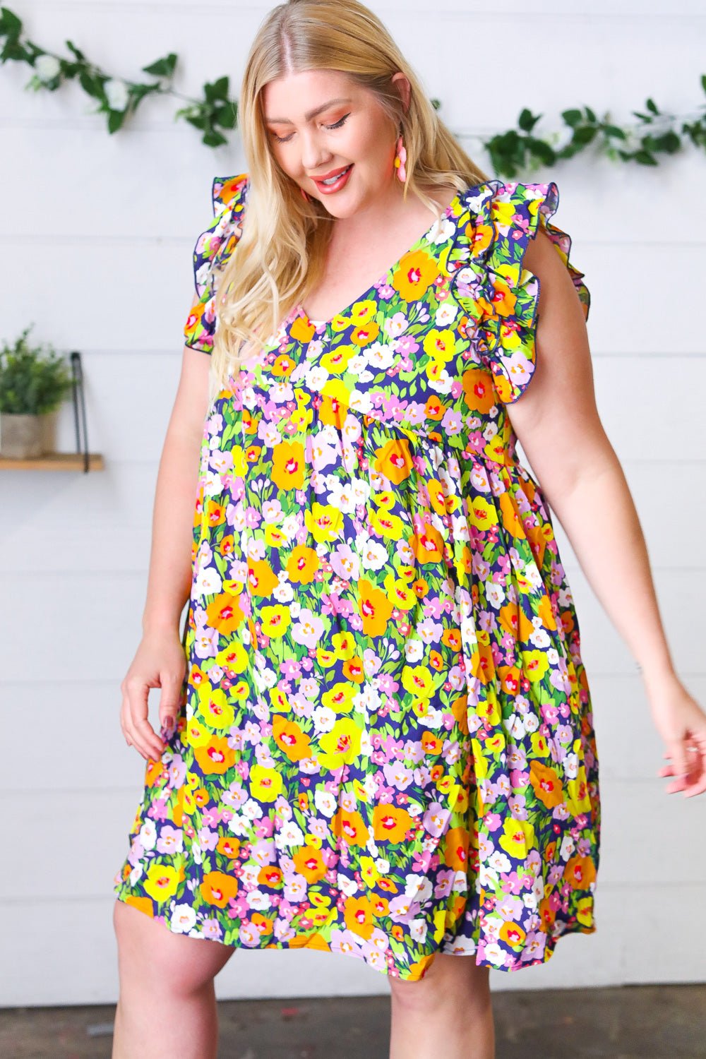 Indigo & Lemon Floral Babydoll Ruffle Dress - Bitsy Gypsy Boutique
