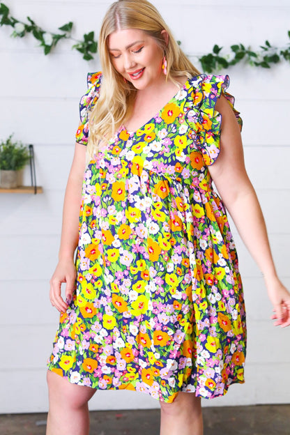 Indigo & Lemon Floral Babydoll Ruffle Dress - Bitsy Gypsy Boutique