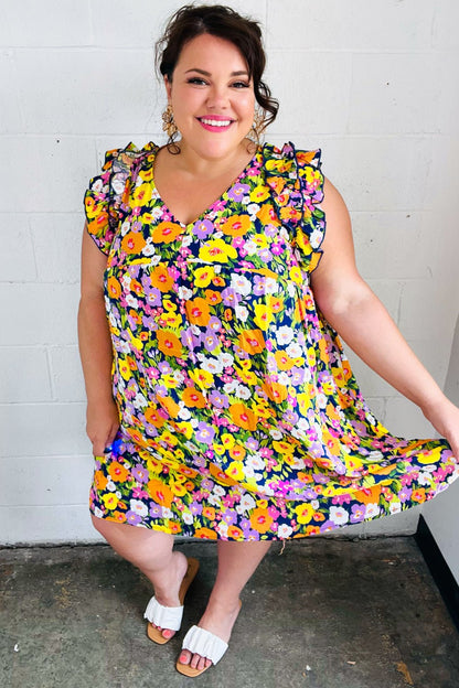 Indigo & Lemon Floral Babydoll Ruffle Dress - Bitsy Gypsy Boutique