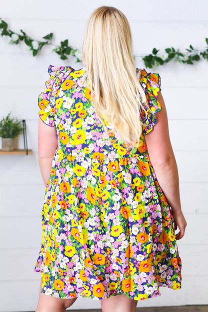 Indigo & Lemon Floral Babydoll Ruffle Dress - Bitsy Gypsy Boutique