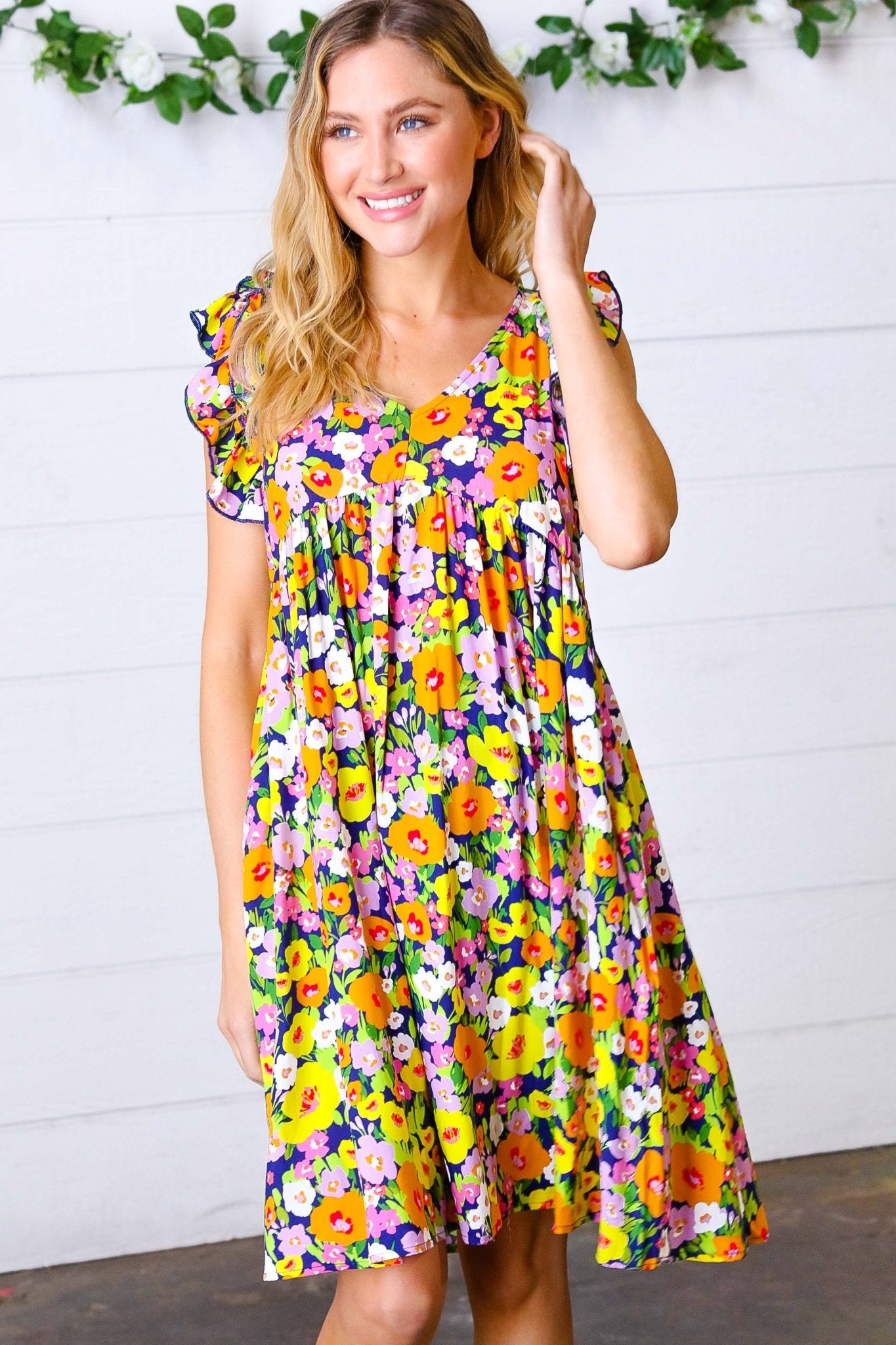 Indigo & Lemon Floral Babydoll Ruffle Dress - Bitsy Gypsy Boutique