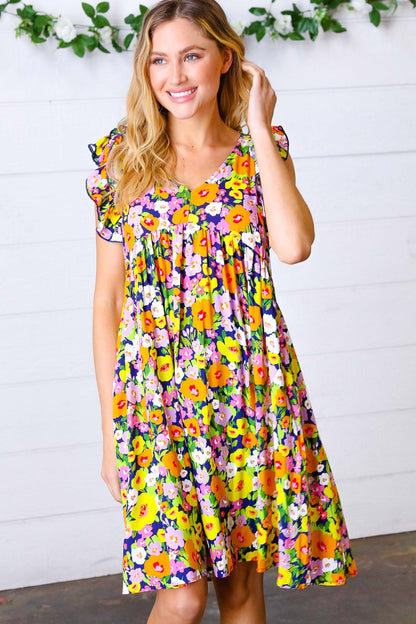 Indigo & Lemon Floral Babydoll Ruffle Dress - Bitsy Gypsy Boutique