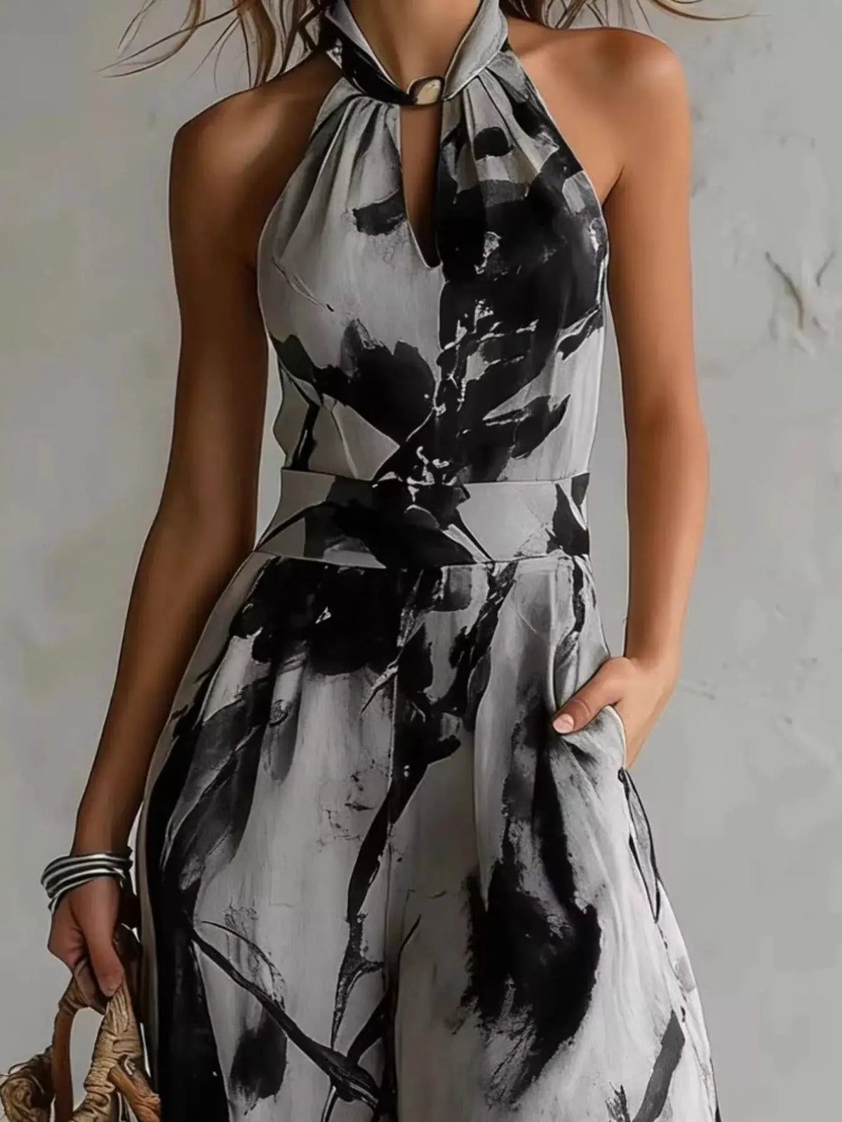 Ink Wash Print Halter Neck Pocketed Wide Leg Jumpsuit - Bitsy Gypsy Boutique