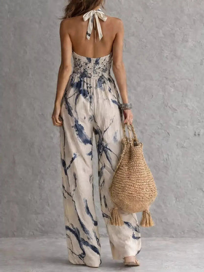 Ink Wash Print Halter Neck Pocketed Wide Leg Jumpsuit - Bitsy Gypsy Boutique