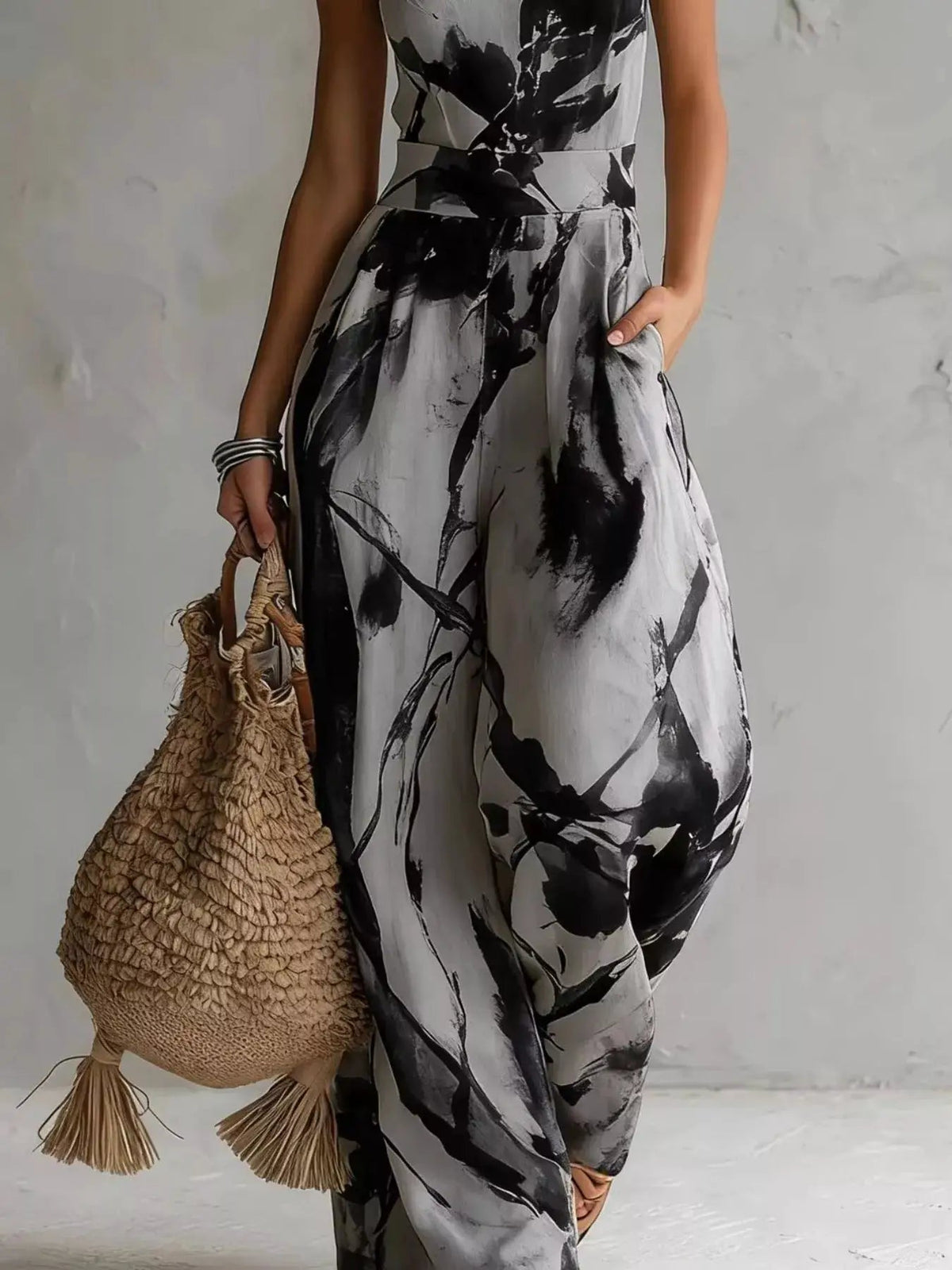 Ink Wash Print Halter Neck Pocketed Wide Leg Jumpsuit - Bitsy Gypsy Boutique