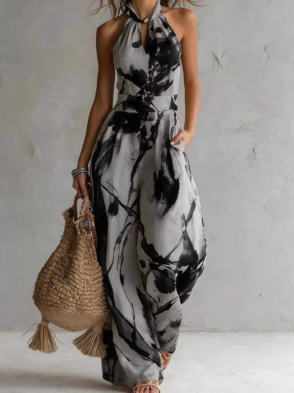 Ink Wash Print Halter Neck Pocketed Wide Leg Jumpsuit - Bitsy Gypsy Boutique