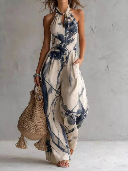 Ink Wash Print Halter Neck Pocketed Wide Leg Jumpsuit - Bitsy Gypsy Boutique