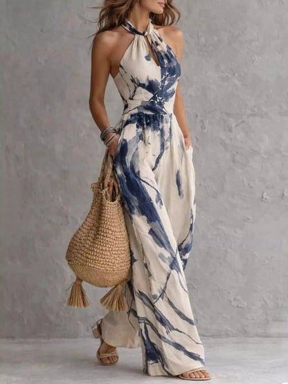 Ink Wash Print Halter Neck Pocketed Wide Leg Jumpsuit - Bitsy Gypsy Boutique
