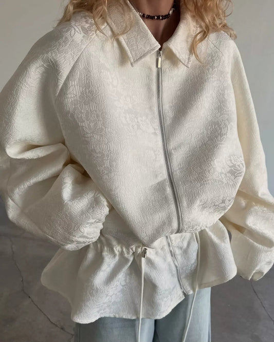 Jacquard Bomber Jacket with Drawstring Waist - Bitsy Gypsy Boutique