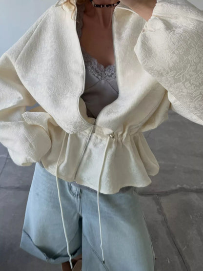 Jacquard Bomber Jacket with Drawstring Waist - Bitsy Gypsy Boutique