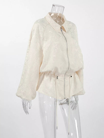 Jacquard Bomber Jacket with Drawstring Waist - Bitsy Gypsy Boutique