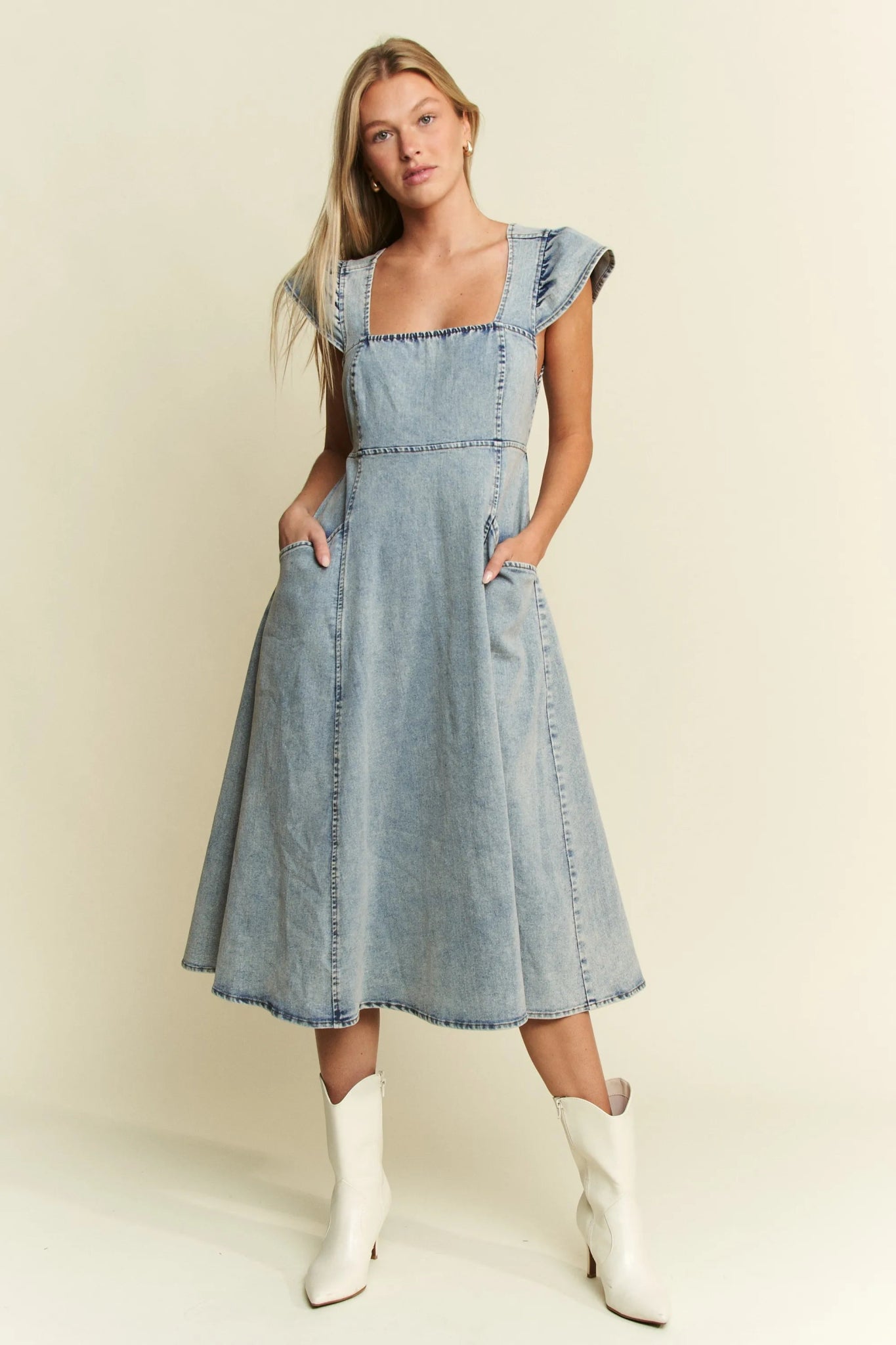 Jade By Jane Full Size Ruffled Denim Midi Dress Plus Size - Bitsy Gypsy Boutique