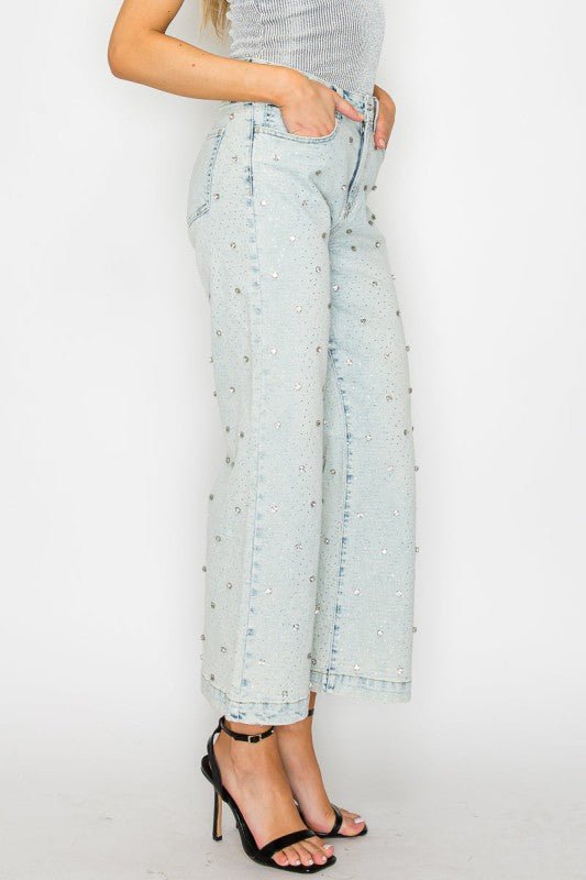 Jewel Embellished High Rise Cropped Palazzo Jeans - Bitsy Gypsy Boutique