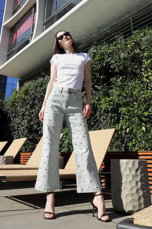 Jewel Embellished High Rise Cropped Palazzo Jeans - Bitsy Gypsy Boutique