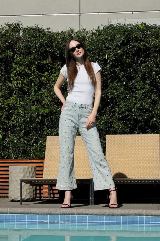 Jewel Embellished High Rise Cropped Palazzo Jeans - Bitsy Gypsy Boutique