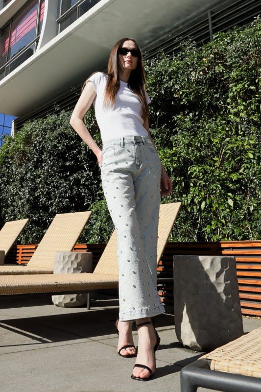 Jewel Embellished High Rise Cropped Palazzo Jeans - Bitsy Gypsy Boutique