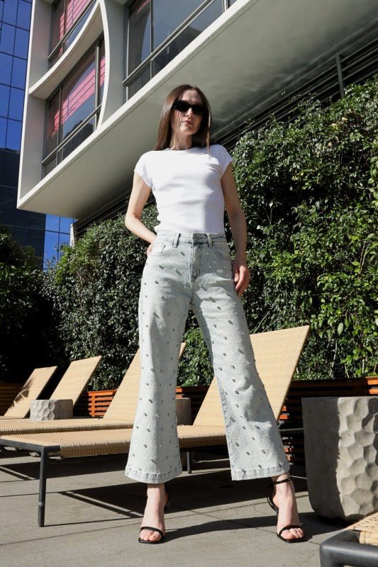 Jewel Embellished High Rise Cropped Palazzo Jeans - Bitsy Gypsy Boutique